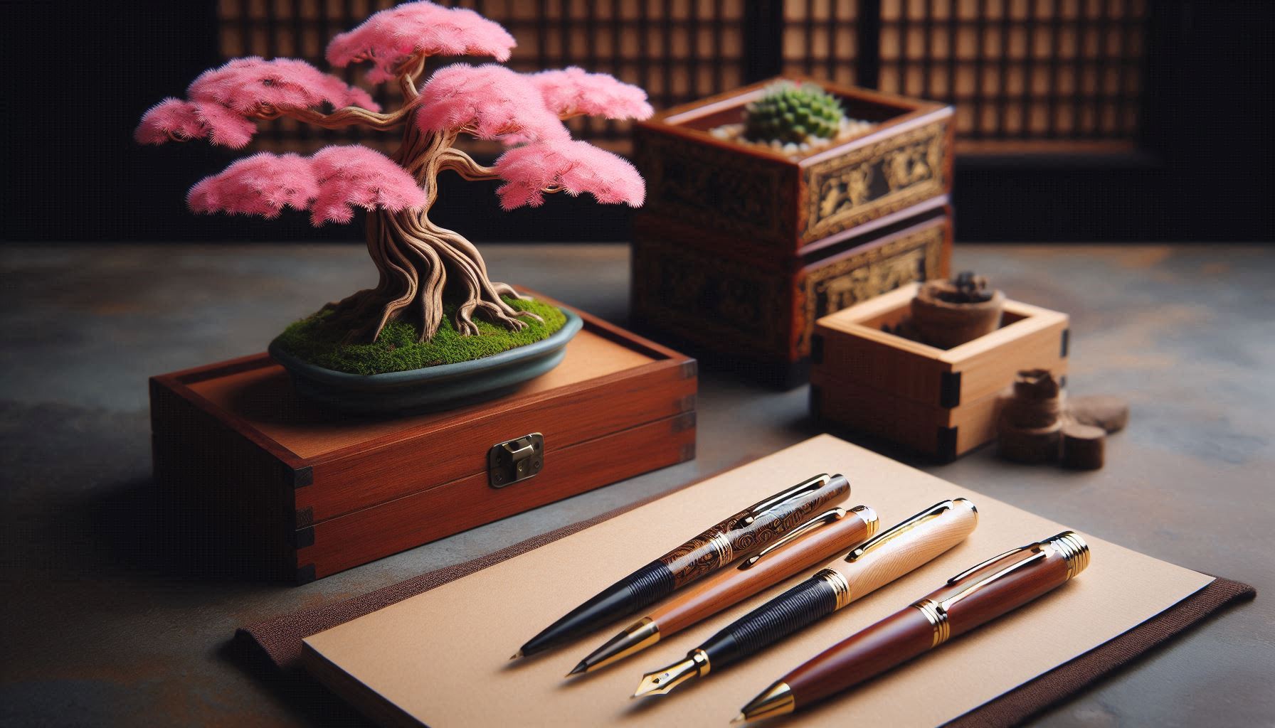 Elegant pens with pink bonsai tree